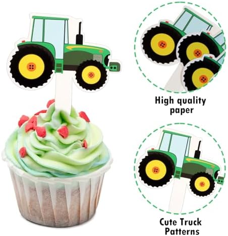 56Pcs Cake Toppers, Green Tractor Cupcake Toppers, Farm Tractor Cake Toppers, Cupcake Picks for Birthday Party Construction Party Supplies Cupcake Toppers