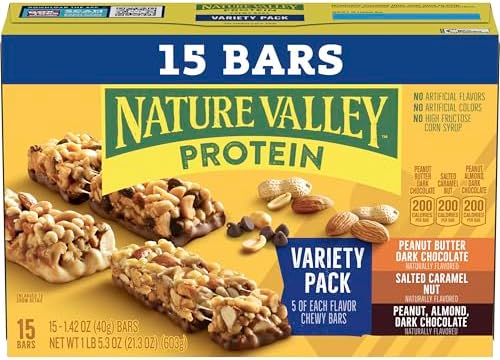 Nature Valley Protein Bars Variety Pack, Gluten Free Chewy Granola Snack Bars, 10g Protein, Peanut Butter Dark Chocolate, Salted Caramel Nut, Peanut Almond Dark Chocolate, 15 Count, 21.3 oz Box