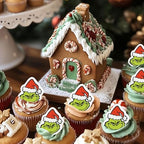 50 PCS Edible Christmas Cupcake Toppers Green Monster Man Cake Toppers Wafer Paper Christmas Birthday Decorations for Edible Merry Xmas Theme Baby Shower Birthday Party Cake Decorations Supplies