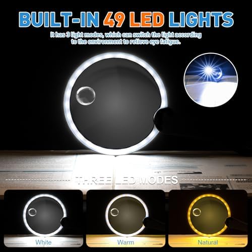 5.2 Inch Large Rechargeable Magnifier with Light, 30X 40X 60X Handheld Magnifying Glass with 49 Anti-Flicker LED Light, Third Gear Dimming Strongest Lighted Magnifier for Seniors Reading Coins