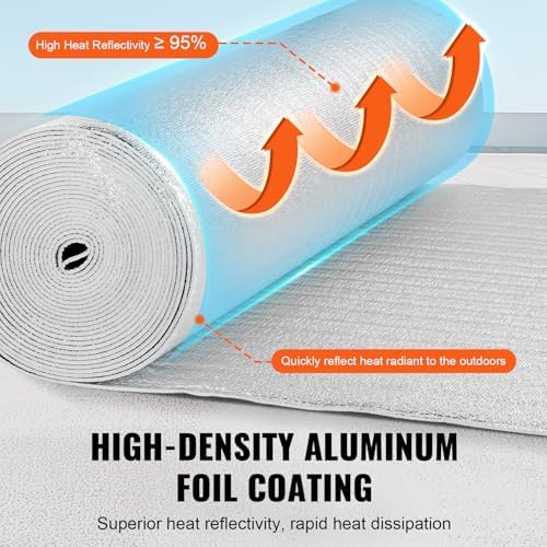 VEVOR Double Reflective Insulation Roll, Foam Core Radiant Barrier, 3.2 mm 48 in x 50 ft, Double-Sided Aluminum Foil EPE Foam Heat Reflective Shield, Thermal Insulation Roll for Window RV Roof