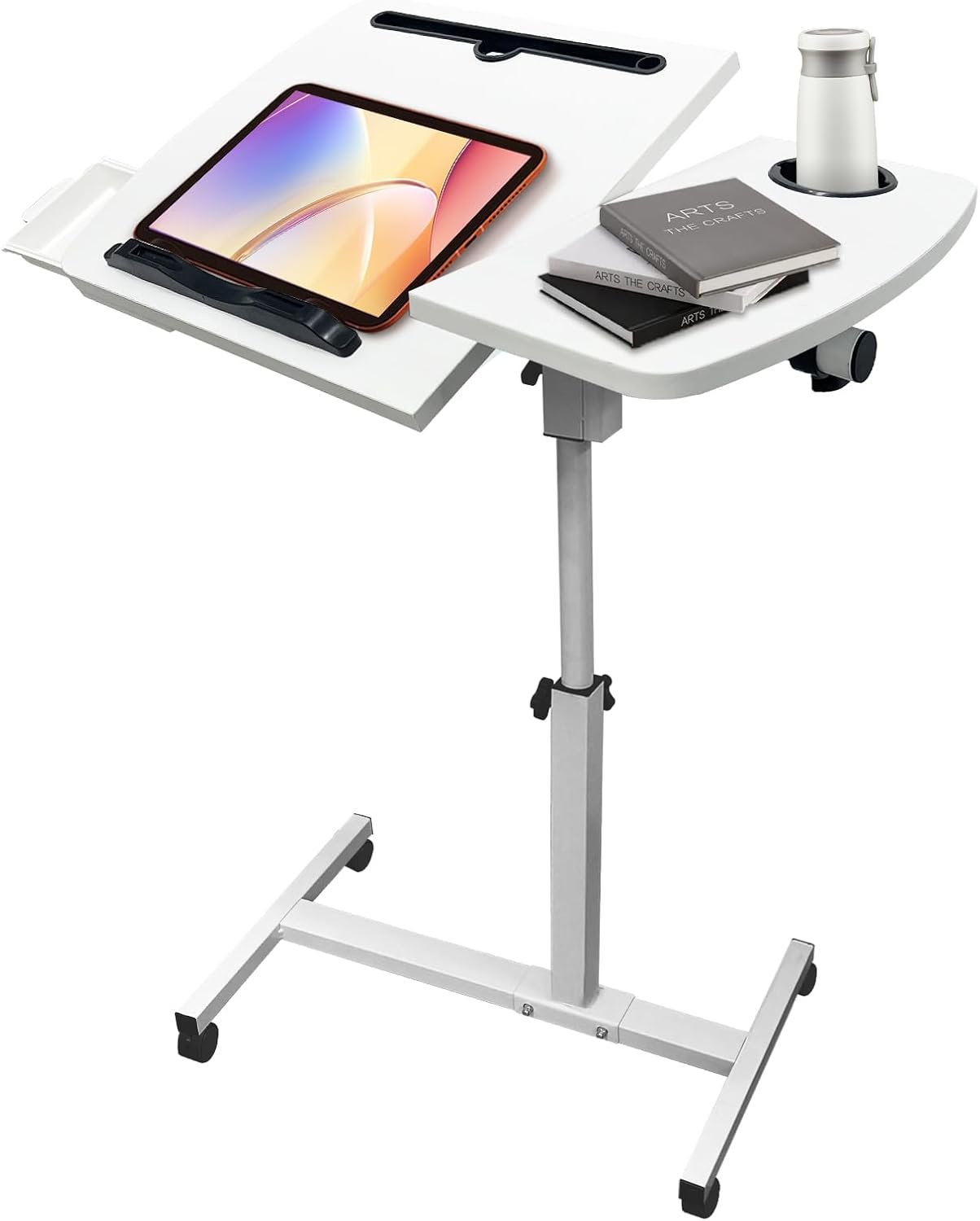 Overbed Table with Wheels Adjustable Height, Tiltable Desktop with Tray, Over Bed Table Rolling Bedside Tables, Medical Mobile Standing Desk, for Hospital Office Bedroom Sofa, White
