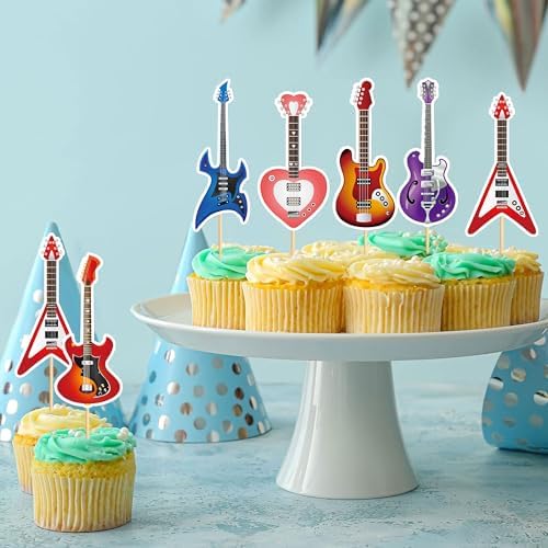24Pcs Guitar Cupcake Toppers Electric Guitars Cupcake Picks for Guitarist Birthday Cupcake Decorations Music Concert Birthday Party Decoration Rock and Roll Party Supplies