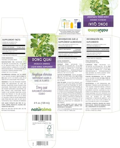 Naturalma Dong quai or Female Ginseng (Angelica sinensis) Root Alcohol-Free Tincture - 4 fl oz Liquid Extract in Drops - Herbal Supplement - Vegan