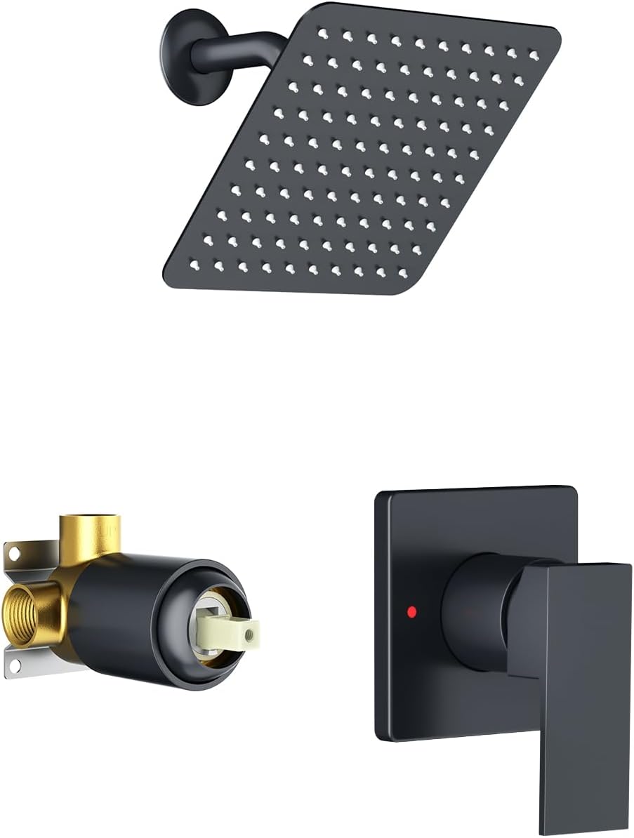Shower System Shower Faucet Set - SunCleanse 8INCH Matte Black Complete Shower System with Pressure Balancing Valve and Solid Brass Rough-In Valve, Rainfall Shower Head with Single-Handle Trim Kit