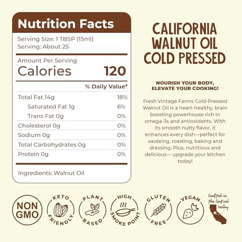 Fresh Vintage Farms 100% Undiluted Cold Pressed Walnut Oil | Wholesome & Nutritious Healthy Cooking Oil for Cooking, Baking, Grilling, Dipping, & Salads | Walnut Oil - 12.68 Fl Oz, Pack of 1