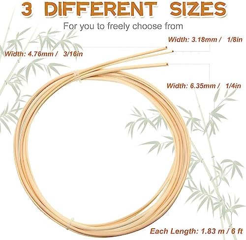3 Pcs 6 ft Chair Caning Supplies 1/8" 3/16" 1/4" Round Reed Spline Rattan Repair Kit Supplies Basket Weaving Cane for DIY Chair Cane Webbing Wicker Weaving Furniture Making