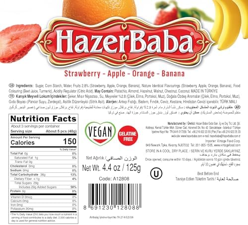 Hazer Baba Turkish Delight Candy with Real Strawberry, Apple, Orange & Banana Flavors, 4.4oz (Pack of 1), Gourmet Snack Box, Traditional, Vegan, Lokum, Loukumi, Delicias Turcas, Halal, Kosher