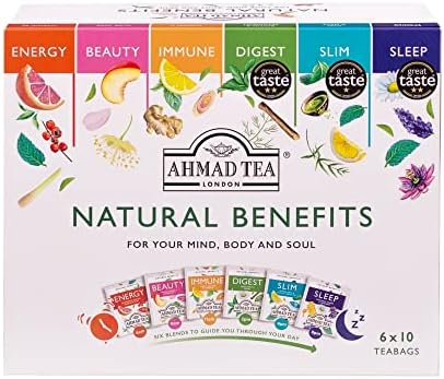 Ahmad Tea Natural Benefit Functional Tea Selection Pack | Green teas, Fruit & Herbal Infusions | Perfect herbal tea gift - 60 Teabag Sachets | 6 blends