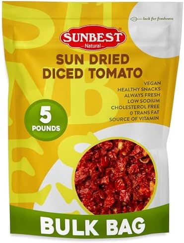 Sunbest Natural Diced Sun-Dried Tomatoes – 5 lb Bulk Bag (80 oz) – Intense & Zesty Flavor – Non-GMO, Vegan, Kosher – Moist, Ready to Eat – Perfect for Snacking, Cooking & Baking
