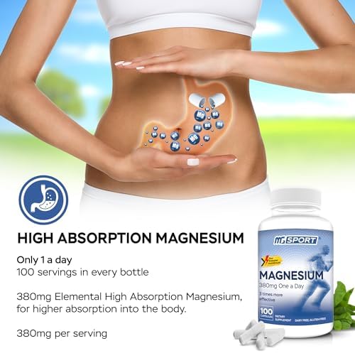 MGSPORT Magnesium Supplement 380mg - High Absorption Magnesium Complex Formula with Vitamins B6, D, E - Supports Muscle Function and Sleep Quality - 100 Servings