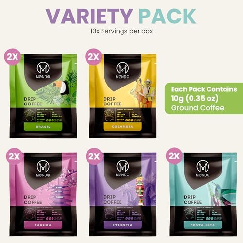 Mondo Drip Coffee Mix (10-Pack Variety), Single Serve Pour Over Filter Bags, Pre-Filled 100% Arabica, Medium Roast