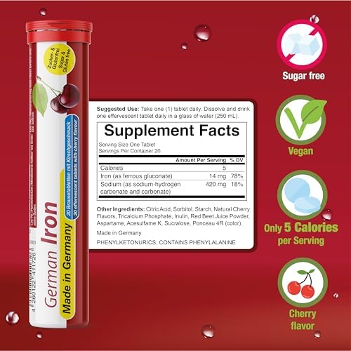 T&D German Iron 14 mg - 100 Vegan Drink Effervescent Tablets - Cherry Flavor - Made in Germany