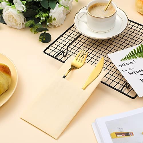 Cindeer 150 Pcs Champagne Linen Dinner Feel Napkins with Built in Flatware Pocket Prefolded Paper Disposable Airlaid Guest Hand Towel for Silverware Wedding Reception Christmas Baby Shower