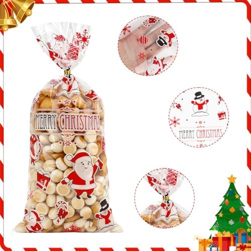 eowqeiur 100 PCS Christmas Cellophane Treat Bags(5x11 Inch) with Ties Plastic Santa Goodie Candy Cookie Loot Gifts Bags Bulk Pouches for Christmas Party Favors Supplies Decorations Holiday Xmas Decor