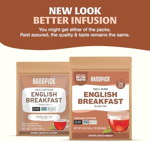 HANDPICK, English Breakfast Tea Loose Leaf (340g/12oz) Strong, Robust, High Caffeine Black Tea Loose Leaf | Non-GMO | Resealable, Ziplock Pouch | Brew Hot, Iced or Kombucha tea | Assam Black Tea