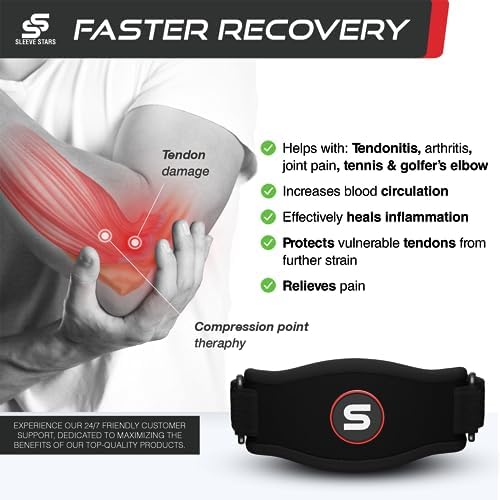 Sleeve Stars Tennis Elbow Brace for Women - Adjustable Tennis Elbow Strap, Golfers Elbow Brace for Men, Counterforce Brace for Tennis Elbow for Tendonitis Relief, Fits 9"-23" (Single/Black)