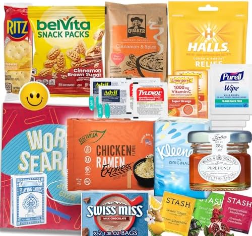 Flu Get Well Gift Basket Care Package – Snacks, Vitamin C, Medicine, Greeting Card, Wipes & Fun Activities – Comfort Gift Set with Tea, Stress Relief Colds, Flu, Allergies for adult & Teenage