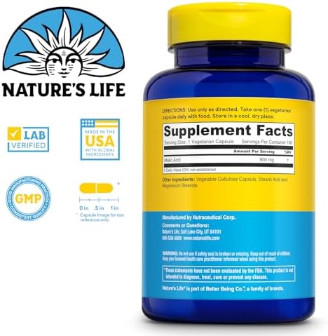 Nature's Life Malic Acid 800 mg | Chelating Agent May Help Support Energy & Muscle Comfort | No Gluten, Non-GMO | 100 Count