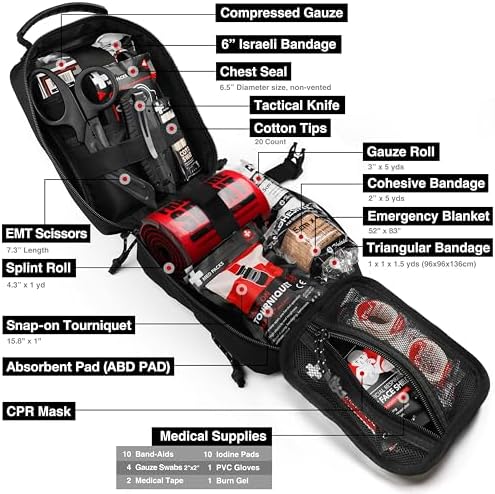 Survival First Aid Kit with Israeli Bandage, Chest Seal, Tourniquet, Splint, Tactical Military Combat Molle IFAK for Wound Care, Bleeding Control, Trauma Hemorrhage and More (Black)