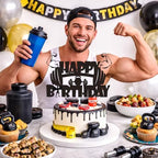 Gym Fitness Happy Birthday Cake Topper Black Glitter Cake Decorations Gym Sports Weightlifting Fit Fitness Barbell Boys Men Themed Birthday Party Supplies