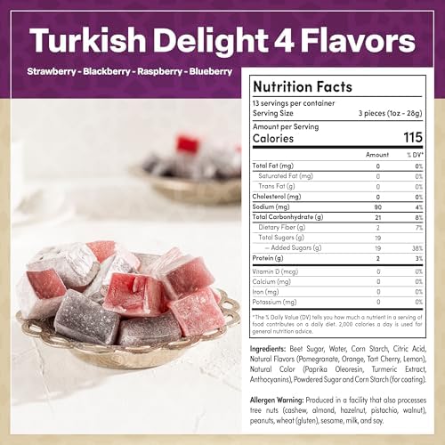 Eastanbul Turkish Delight, 21.2oz, Turkish Delights Candy Assorted Strawberry, Blackberry, Raspberry & Blueberry Flavor, International Candy, Lokum, Plain, Gluten Free, Vegan