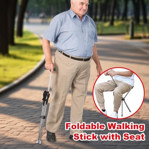 Folding Cane with Seat, Ergonomic Support Crutch Stool, Folding Walking Stick with Seat, Heavy Duty Support Stool, Non-Slip Mobility Aids, for Trip Park Visit Travel Climbing Hiking Picnic