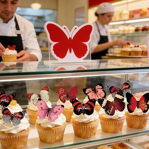 72Pcs Edible Edible Valentine’s Day Cupcake Toppers Butterflies Cupcake Picks Happy Valentine's Day Cake Decor for Valentine's Day Theme Party Decoration Supplies
