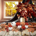 21 PCS Fall Artificial Velvet Pumpkins Set, Fake Fabric Pumpkin Faux Foam Pumpkins, Orange Khaki White Pumpkin Decorations for Fall Harvest Thanksgiving Farmhouse Table Centerpiece