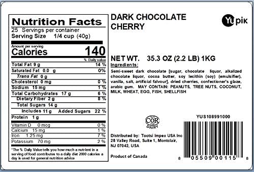Yupik Dark Chocolate Covered Cherries, 60% Cacao, 2.2 lb (35.2 oz), Kosher, Dried Fruits, Dried Cherries Dipped in Rich Dark Chocolate, Smooth & Chewy, Chocolate Candy, Sweet Snacks