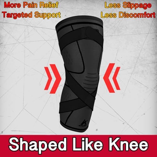 Knee Brace Compression Sleeve with Strap for Best Support & Pain Relief for Meniscus Tear, Arthritis, Running, Basketball, MCL, Jogging and Post Surgery Recovery for Men & Women (Black, XXL)