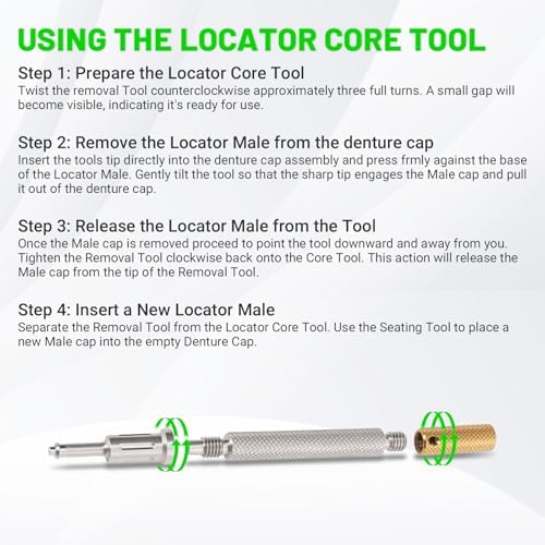 LEAPTREND Implant Tooth Locator Core Tool, Universal Dental Instrument (Golden) with Gloves, 3 Tools in 1 for Overdenture Retention Male Caps Removal and Insertion