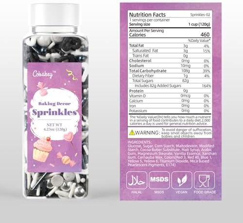 Black and White Heart Sprinkles for Cake Decorating 4.23ounce - Sugar Mix Contains Heart & Silver Pearl Sprinkles for Cupcake Toppers, Ice Cream, Candy, Cookie Decorations - Holiday Party Supplies