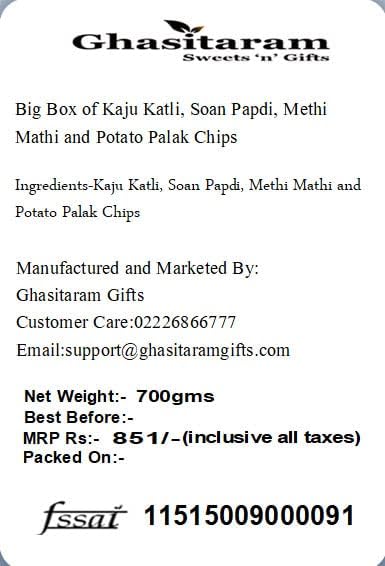 Ghasitaram Gifts Indian Sweets - Diwali Gifts Diwali Sweet - Big Box of Kaju Katli, Soan Papdi, Methi Mathi and Potato Palak Chips