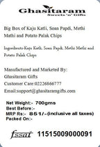 Ghasitaram Gifts Indian Sweets - Diwali Gifts Diwali Sweet - Big Box of Kaju Katli, Soan Papdi, Methi Mathi and Potato Palak Chips