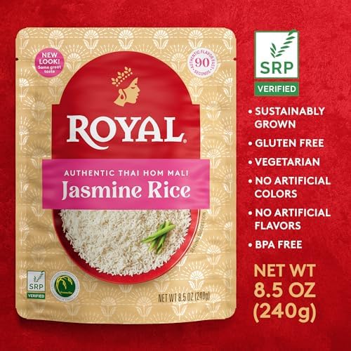 Royal Authentic Thai Hom Mali Jasmine Rice - Microwave Rice Dinner Side Dish - Ready to Heat Microwavable Pouch, 8.5 oz (Pack of 6)