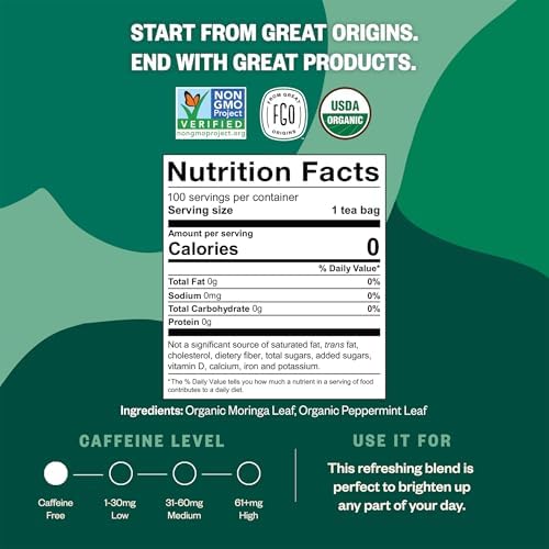 FGO Organic Moringa Mint Tea, 100 Count, Eco-Conscious Herbal Tea Bags, Resealable Bag, Caffeine Free, Packaging May Vary (Pack of 1)