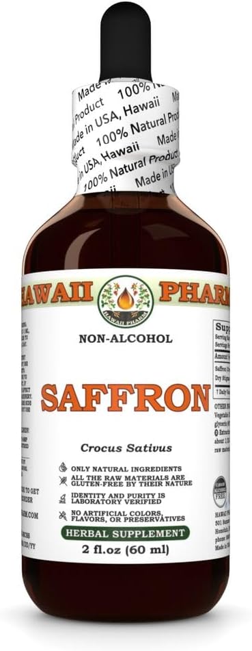 Hawaii Pharm Saffron Alcohol-Free Liquid Extract, Professional Grade, Small Batch Crafted Saffron (Crocus Sativus) Dried Stigmas Glycerite Natural Herbal Supplement, 2 fl.oz