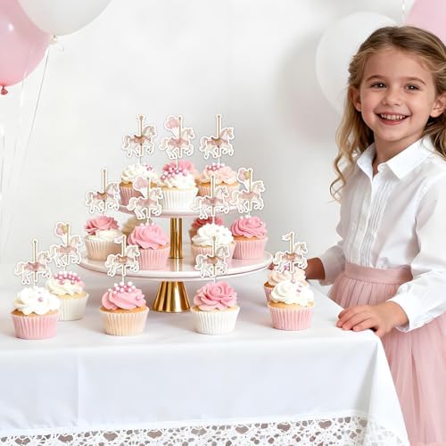 36pcs Carousel Horses Cupcake Toppers, Carnival Merry-Go-Round Theme Cake Decorations Double-sided Printed for Girls Carousal Horse Carnival Circus Birthday Party