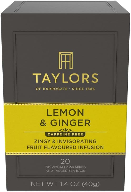 Taylors of Harrogate Lemon & Ginger, Herbal Tea, Individually Wrapped Bags, 20 Count (Pack of 6), Cleansing, Invigorating and Citrussy, Caffeine-Free, Enjoy Hot or Iced, 120 Teabags Total