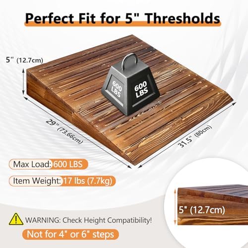 Wooden Threshold Ramps for Doorways, Wheelchair 5 inch Rise Portable Stair Ramps for Walker, Scooter, Handicap Elderly One Step Threshold Ramp Anti Slip for Home, Front Door, Shed Entry, Porch