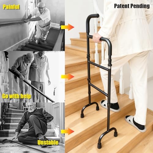 20-Level Adjustable Stair Climbing Assist Cane & Elderly Stair Lift Assist with Anti-Slip Handle & Stabilizing Feet, 300lbs Capacity for Seniors, Standard Steps-Patent Pending