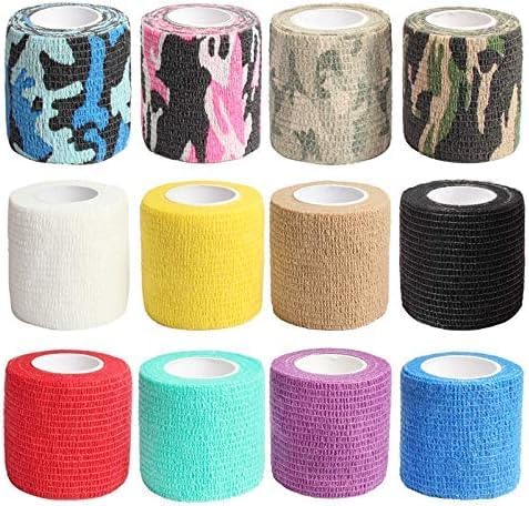 Self Adhesive Tape,Cohesive Wrap Bandages,Camouflage Wrap Tape for Hunting,Strong Elastic Stretch Sports Tape for Wrist Sprains & Swelling,12 Pack-2" x5 Yards(12 Color)