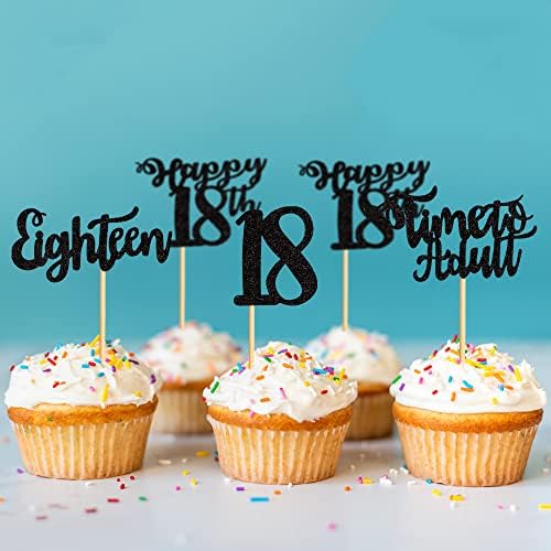 24 Pcs 18th Birthday Cupcake Toppers - Happy 18th Cupcake Picks - Time to Adult - Eighteen Years Old Cake Decorations - Black Glitter