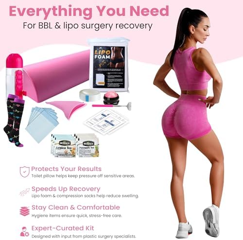 BBL Essentials Kit (27-Piece Recovery Set) – Post Surgery Supplies with Toilet Pillow, Lipo Foam, ABD Pads, Scar Gel, Compression Socks, Arnica & Pineapple Teas