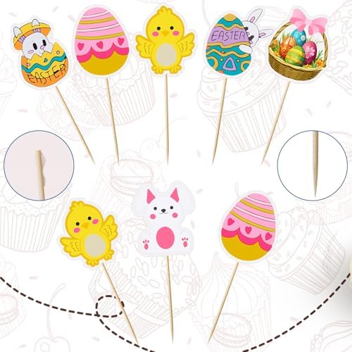 30pcs Easter Cupcake Toppers Egg Rabbit Bunny Chicken Cupcake Toppers Picks for Kids Baby Shower Birthday Easters Theme Party Decorations Supplies (Easter)