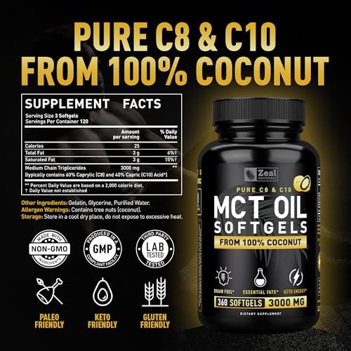 Zeal Naturals Pure MCT Oil Capsules - 3000mg, 360 Softgels |C10, C8 MCT Oil Unrefined Coconut | Energy Support & Brain Fuel Supplement | Gluten-Free