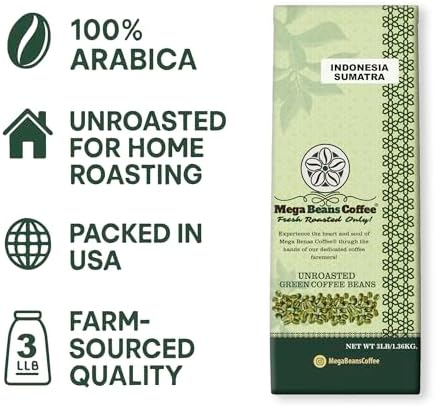 Mega Beans Coffee Indonesia Sumatra Green Coffee Beans, Unroasted Single-Origin, 3 lb Raw High-Altitude Beans for Home Roasting