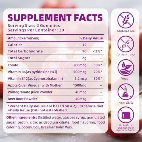 Organic Apple Cider Vinegar Gummies Sugar Free, Keto ACV Gummies: Apple Cider Vinegar with Mother, Vitamin B12 & B6, Beetroot | Gut Health, GMO Free & Vegan, Metabolism, Energy Gummy - 60 Count.