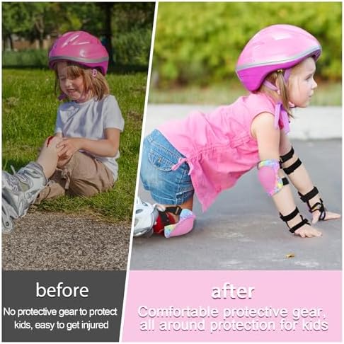 FIODAY Knee Pads for Kids Protective Gear Set Adjustable Kids Knee Pads and Elbow Pads with Wrist Guard for Girls Roller Skates Cycling Bike Skateboard Scooter, 3-8 Years,Rainbow Pink